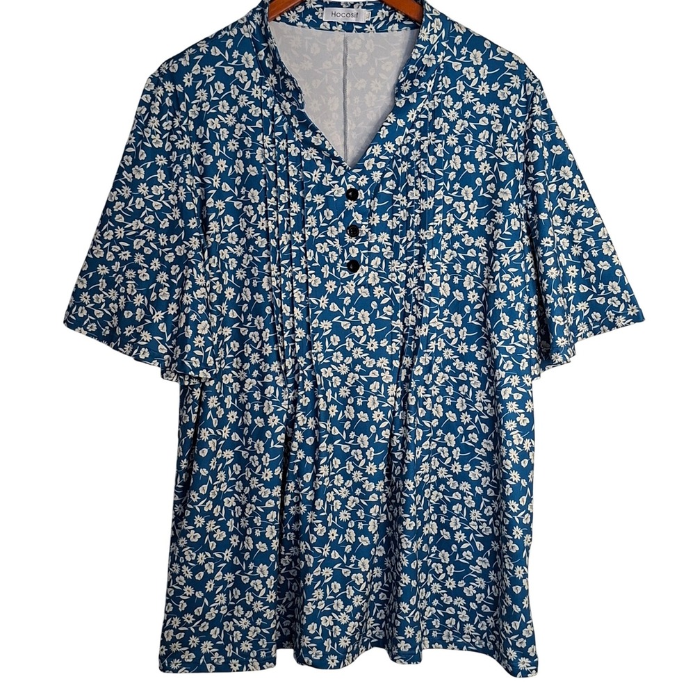 Hocosit Floral Blouse Women XL Blue White Top Pleated V Neck Flutter Sleeve